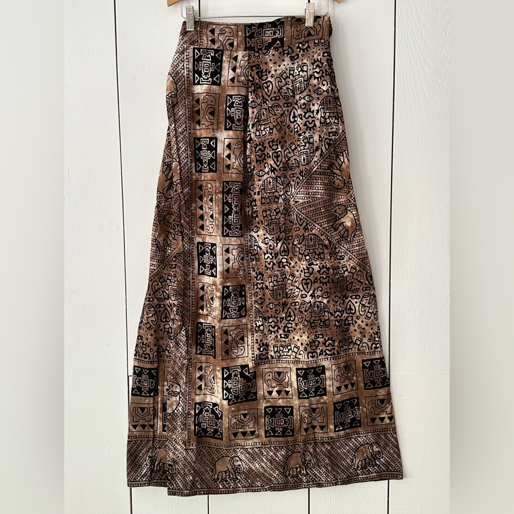 Gritty Boho 90s India Elephant Block Print Wrap Maxi Skirt Brown Black Festival